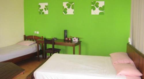 特里罗杰Le cactus guesthouse的绿色客房配有两张床和一张书桌