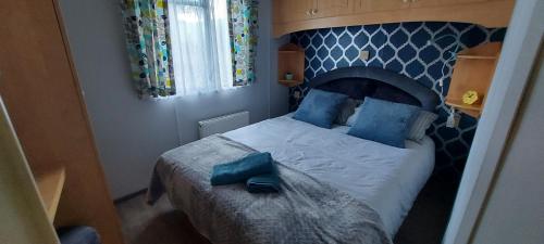巴伦特雷Westmorland 32 caravan的一间卧室配有一张带蓝色枕头的大床