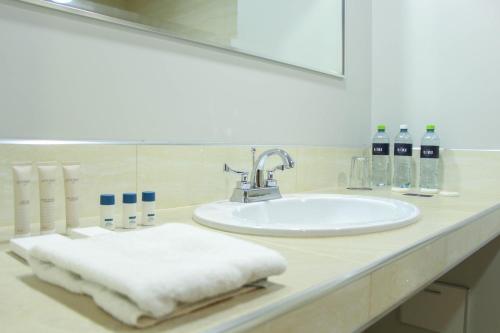 万卡约Hotel Unu的浴室的柜台设有水槽和镜子