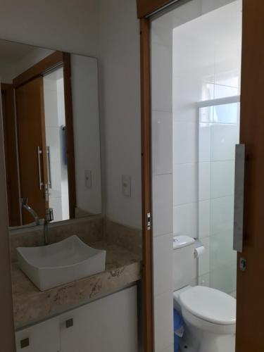 伊列乌斯Vista Mar Premium的一间带水槽、卫生间和镜子的浴室