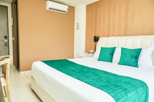 比亚维森西奥Solev Hotel的酒店客房配有一张带绿色枕头的大床