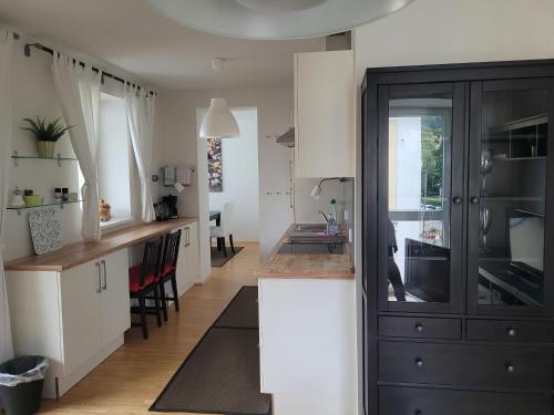新特尔布鲁Studios Am Wienerwald的厨房配有白色橱柜和黑色冰箱。