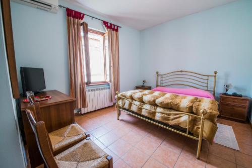 马泰利卡Hotel Fioriti的一间卧室配有一张床、一张书桌和一台电视。
