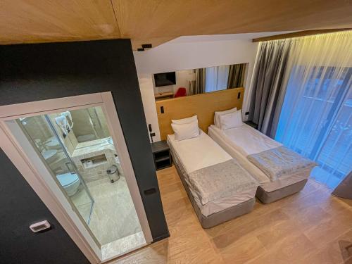 普雷代亚尔Ursuletul Predeal的酒店客房设有两张床和淋浴。