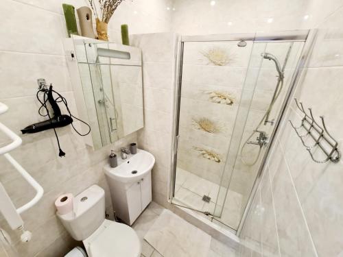 敖德萨Center of Odessa. Comfortable 2 rooms apartment的带淋浴和卫生间的白色浴室
