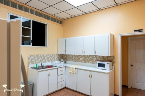 圣伊格纳西奥Yellow Belly Backpackers的厨房配有白色橱柜和微波炉