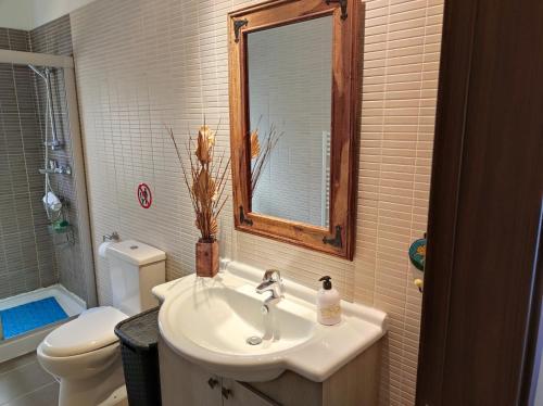 Trimiklini罗塞斯别墅酒店的一间带水槽、镜子和卫生间的浴室