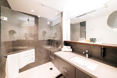 温特图尔Park Hotel Winterthur的一间带水槽、淋浴和镜子的浴室