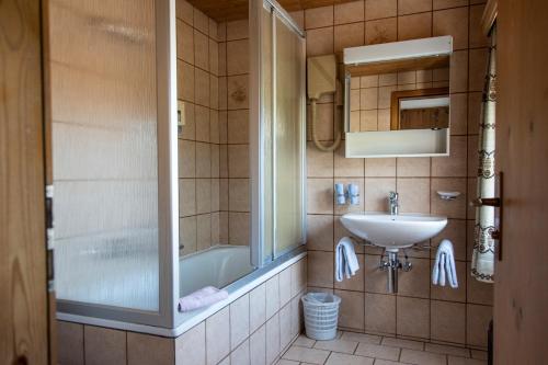 圣玛利亚瓦尔姆斯塔尔Alpina B&B Apartments的一间带水槽、浴缸和卫生间的浴室