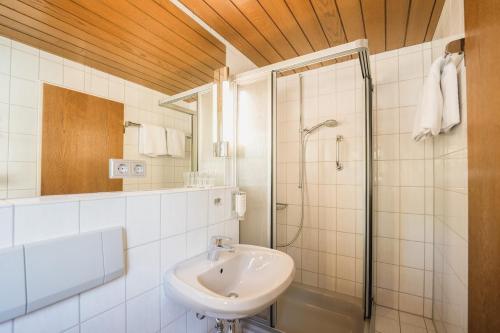 莱茵河畔的布赖萨赫Landgasthof Adler的白色的浴室设有水槽和淋浴。