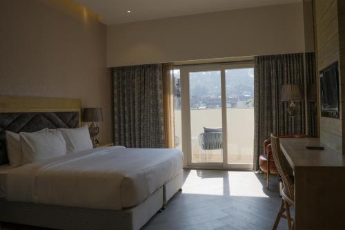 康格拉Hotel Clarks Inn Suites Kangra的酒店客房设有一张床和一个大窗户