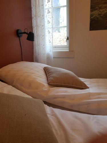 特隆赫姆Pilegrimsgården Hotell og Gjestegård的靠窗的床上有枕头