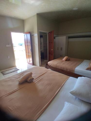 ZanderijDouglas Airport Guesthouse的一间卧室配有两张床和镜子