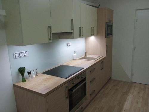 多尔尼莫拉瓦Apartmán Cardovi的厨房配有白色橱柜和木制台面