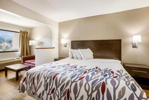 费耶特维尔Red Roof Inn Fayetteville I-95的酒店客房设有床和窗户。