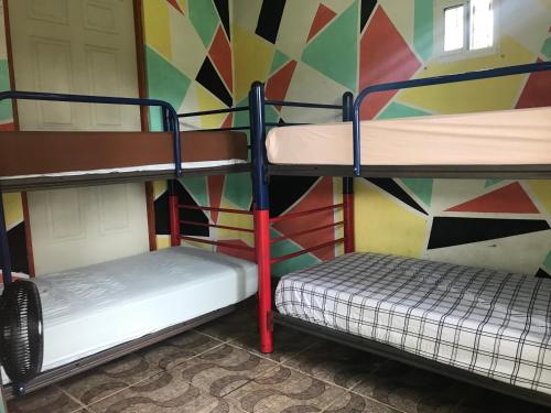 CuetaSoursop Hostel的色彩缤纷的墙壁客房中的两张双层床