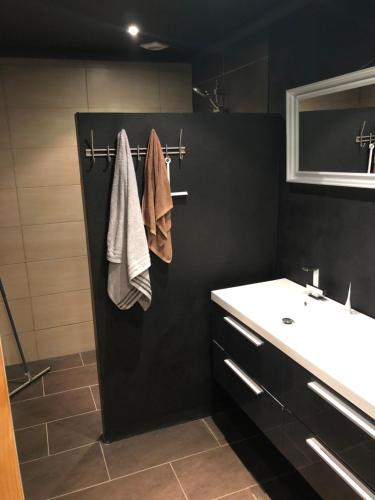 恩斯赫德City Center Enschede Homestay的黑色浴室设有水槽和白色水槽
