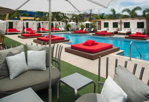 金斯敦S Hotel Kingston的游泳池旁的游泳池配有红色枕头和沙发