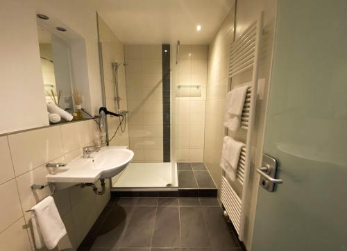 施韦青根Villa Bassermann的白色的浴室设有水槽和淋浴。