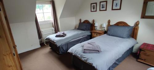 阿罗柴尔Ben Lomond Cottage的一间卧室设有两张床和窗户。