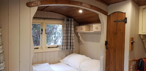 亚顿Elmdale Hut - Shepherds Hut的小房间设有床和窗户