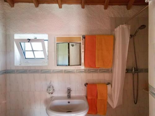 LombaVivenda Flores - Apartment Hibisco的浴室配有盥洗盆、镜子和毛巾