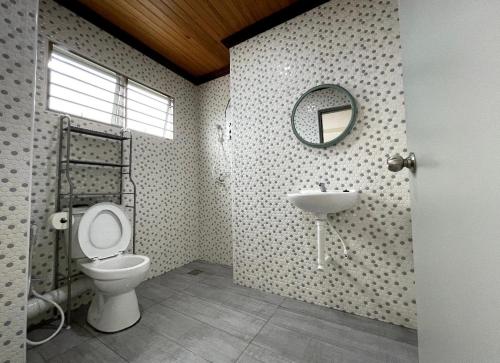 实兆远The Venus - Spacious Wooden TOP Floor Apartment的一间带卫生间、水槽和镜子的浴室