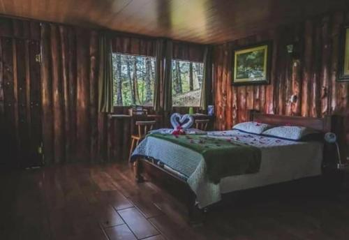 迦太基Cabañas Cerro Verde Lodge y Spa的卧室配有一张床铺,位于带木墙的房间内