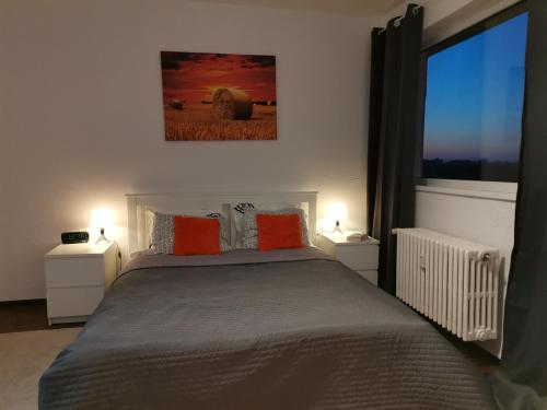 布加勒斯特STUDIO Piata Victoriei (Victoriei Square)的一间卧室配有带橙色枕头的床和窗户。