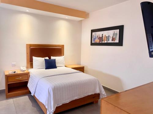 托雷翁Hotel Buen Valle的一间酒店客房,配有一张床和一台电视