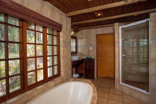 马加利斯堡Whispering Pines Country Estate的一间带浴缸和淋浴的浴室以及窗户。