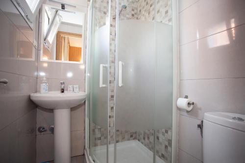 马德里洛斯萨勒斯旅馆的带淋浴、盥洗盆和卫生间的浴室