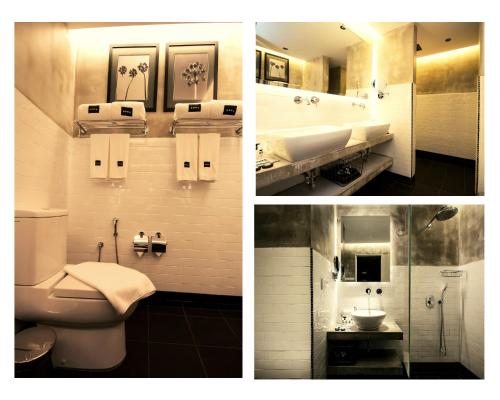 马六甲罗莎马六甲酒店的带卫生间和水槽的浴室的三幅图片