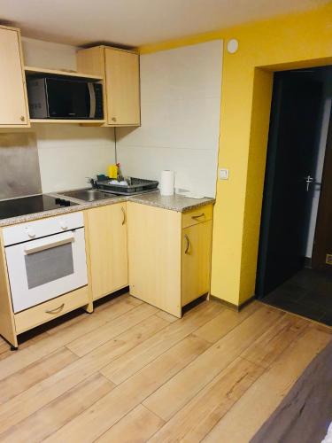 林茨VictoryForYou Unterkunft的一间铺有木地板的小厨房,厨房内配有黄色和白色的电器