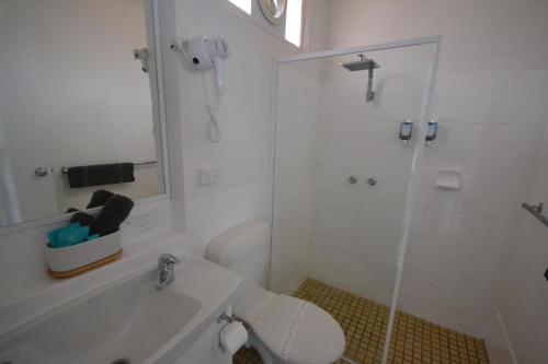 梅林布拉南海汽车旅馆的带淋浴和卫生间的白色浴室