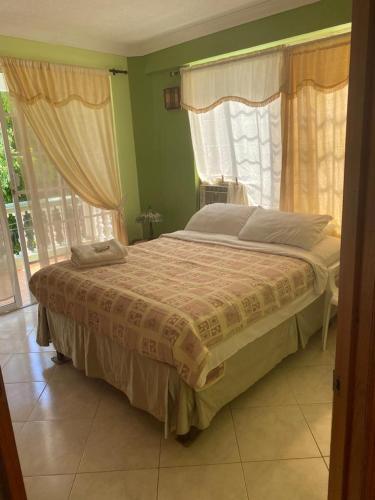 圣安德烈斯纳塔利民宿的卧室内的一张床位,卧室拥有绿色的墙壁和窗户