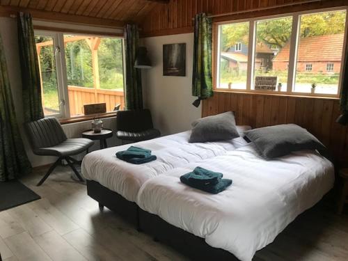 奥特罗Veluwse Bossuite的一间卧室配有一张大床和两条毛巾