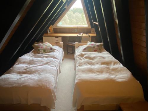 FreilingenFerienhaus im Feriendorf Freilingen (Eifel).的带窗户的客房内的两张床