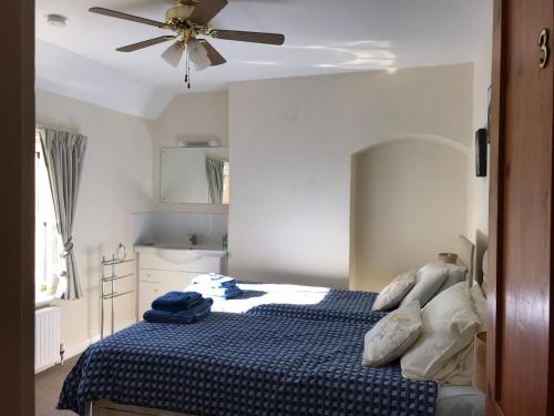 戈灵Melrose cottage的一间卧室配有一张带吊扇的床