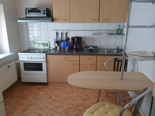 弗赖塔尔Apartment in Saxony in a charming area的一间带桌子和炉灶的小厨房