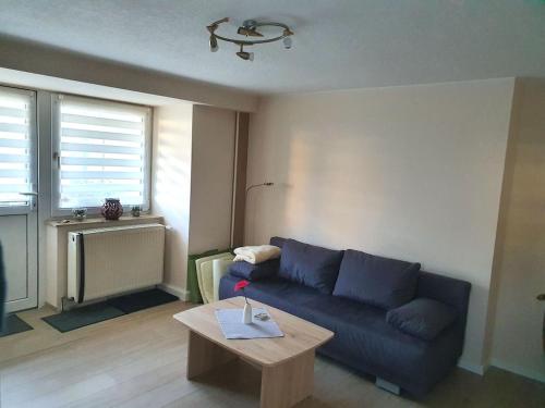 弗赖塔尔Apartment in Saxony in a charming area的客厅配有蓝色的沙发和桌子