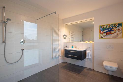 加兹尤瑟多姆Appartement "Seeadler" - Oase am Haff的浴室配有盥洗盆和带镜子的淋浴