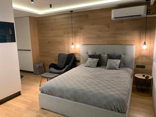 布拉戈耶夫格勒LUXURIOUS ONE BEDROOM STUDIO IN TOP CENTER的一间卧室配有一张大床和一把椅子