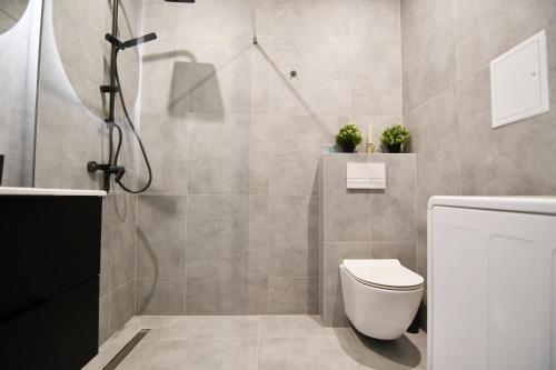 热舒夫Apartament Szafirowy MULTI HOUSE的带淋浴和卫生间的浴室。
