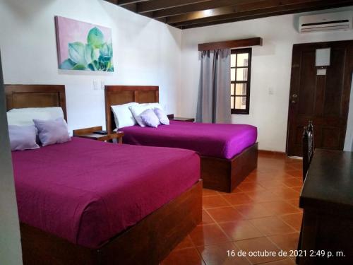 恩塞纳达港MISION SANTA ISABEL的紫色床单的客房内的两张床
