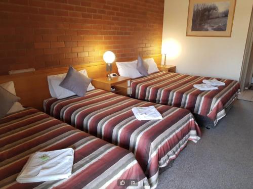 伊丘卡All Rivers Accommodation的酒店客房的三张床,配有毛巾