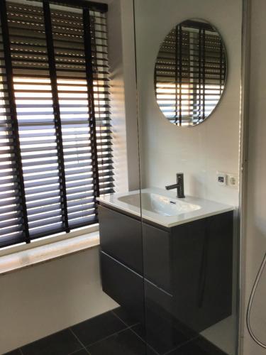 萨斯范亨特Chic appartement in Sas van Gent的一间带水槽和镜子的浴室