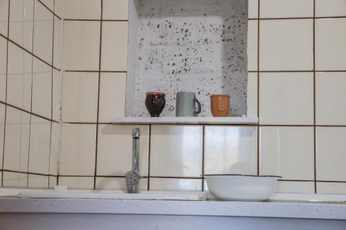 霍尔洛克Fehér Ház的厨房柜台设有水槽,上面有碗