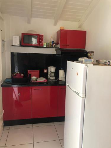 珀蒂堡Kaban‘ Malaka的厨房配有红色橱柜和白色冰箱