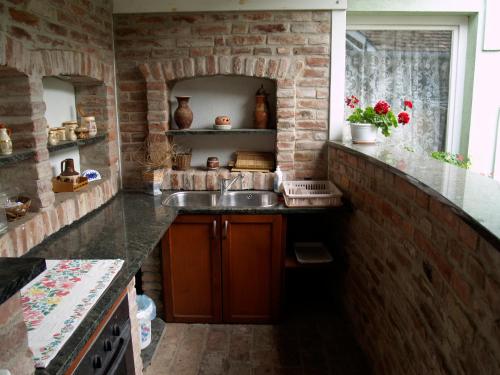 德布勒森皮特非亚畔兹奥旅馆的厨房设有水槽和砖墙